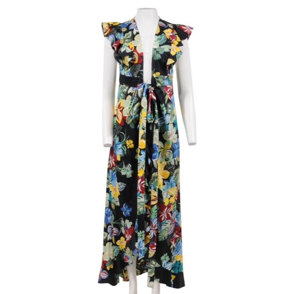 Alexis Womens Long Dress Medium Black Yellow Red A Line Floral Front Sash Tie